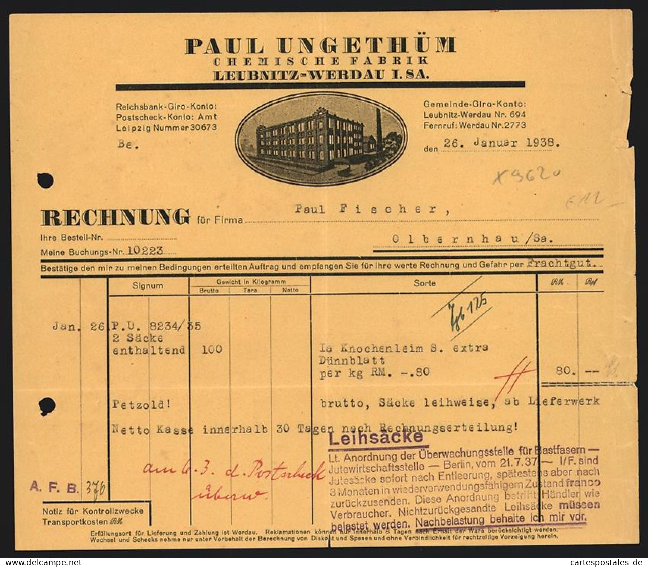 Rechnung Leubnitz-Werdau I. Sa. 1938, Paul Ungethüm, Chemische Fabrik, Das Fabrikgebäude  - Altri & Non Classificati