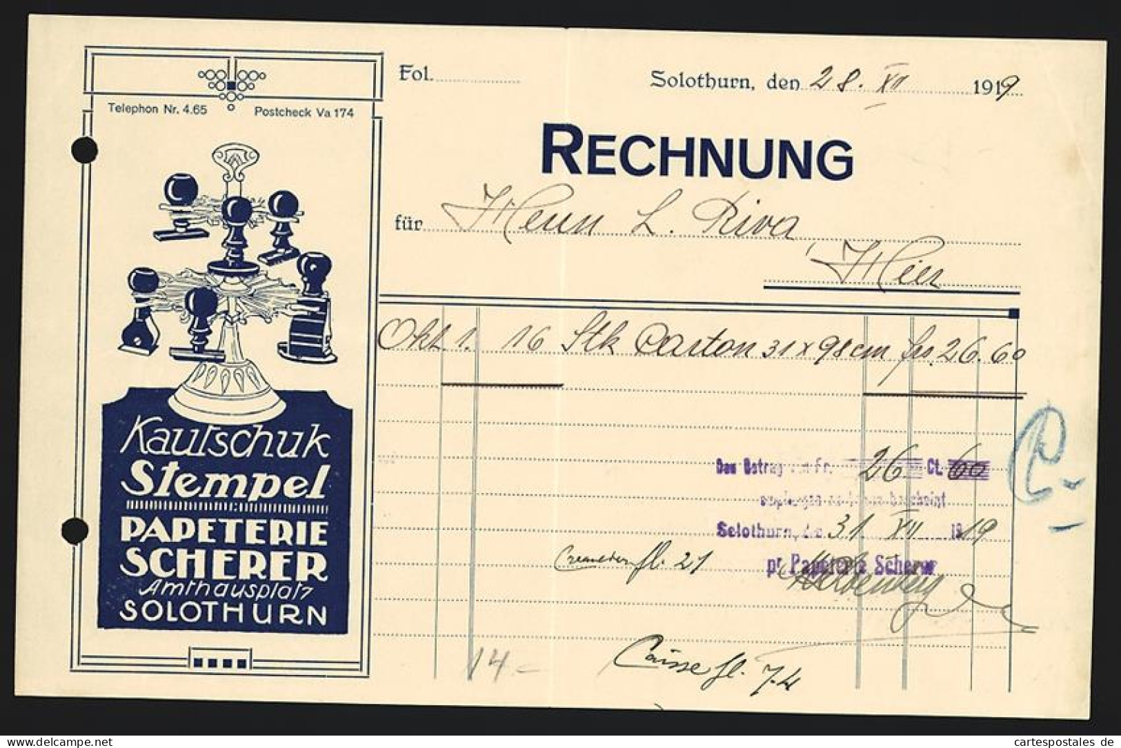 Rechnung Solothurn 1919, Papeterie Scherer, Ansicht Von Kautschuk-Stempeln  - Switzerland
