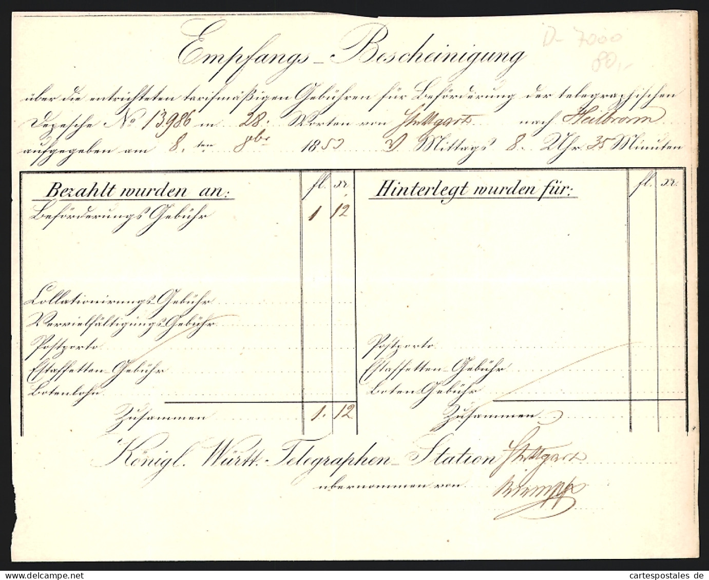 Rechnung Stuttgart 1859, Königl. Württ. Telegraphen-Station, Empfangsbescheinigung, Nr. 13986  - Otros & Sin Clasificación