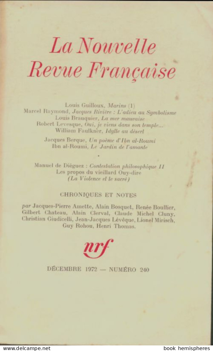 La Nouvelle Revue Française N°240 (1972) De Collectif - Non Classés