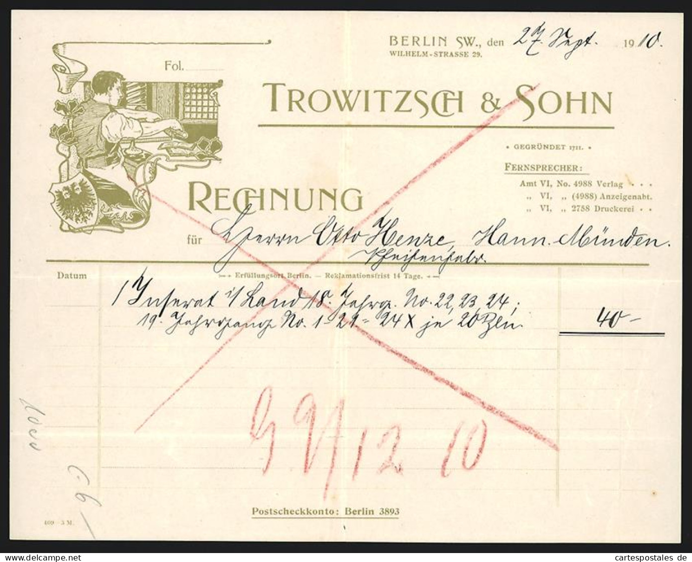 Rechnung Berlin 1910, Firma Trowitzsch & Sohn, Wilhelm-Strasse 29, Mann Bei Der Arbeit  - Other & Unclassified