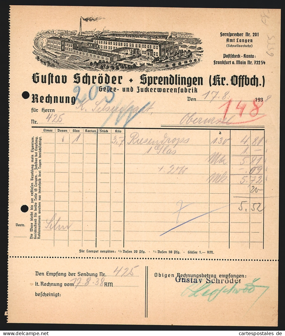 Rechnung Sprendlingen /Offbch. 1938, Gustav Schröder, Gelee- Und Zuckerwarenfabrik, Die Fabrik Mit Gleisanlage  - Andere & Zonder Classificatie