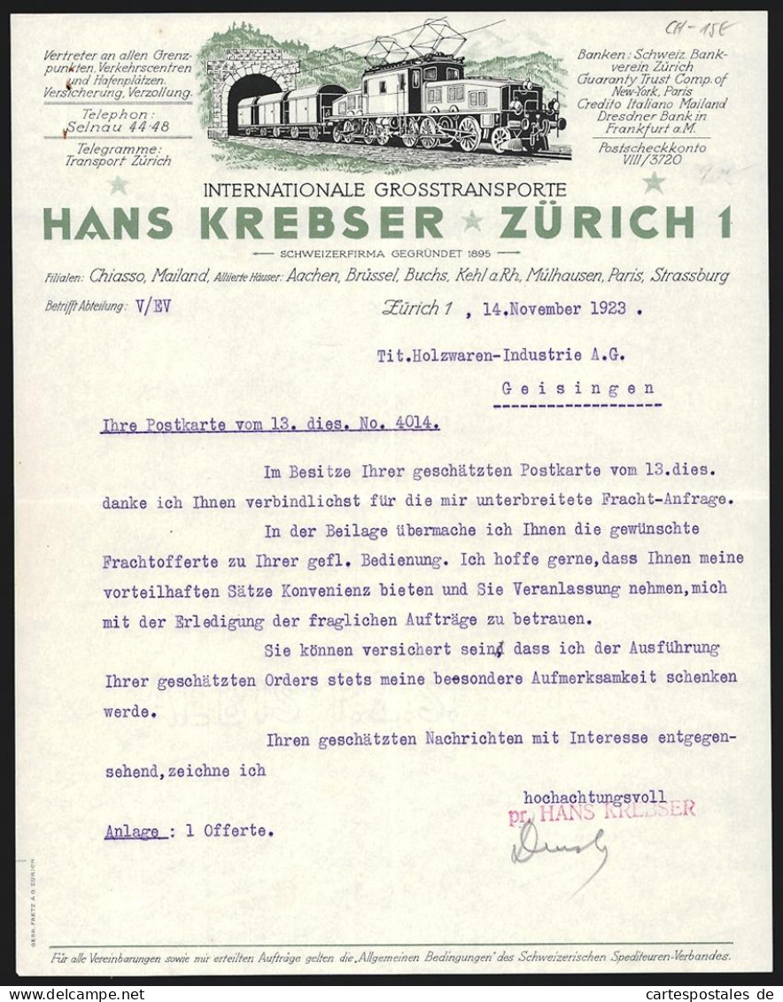 Rechnung Zürich 1923, Hans Krebser, Internationale Grosstransporte, Elektrische Eisenbahn An Einem Tunnel  - Svizzera