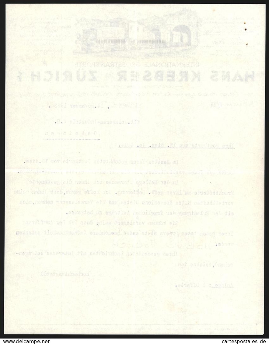 Rechnung Zürich 1923, Hans Krebser, Internationale Grosstransporte, Elektrische Eisenbahn An Einem Tunnel  - Suiza