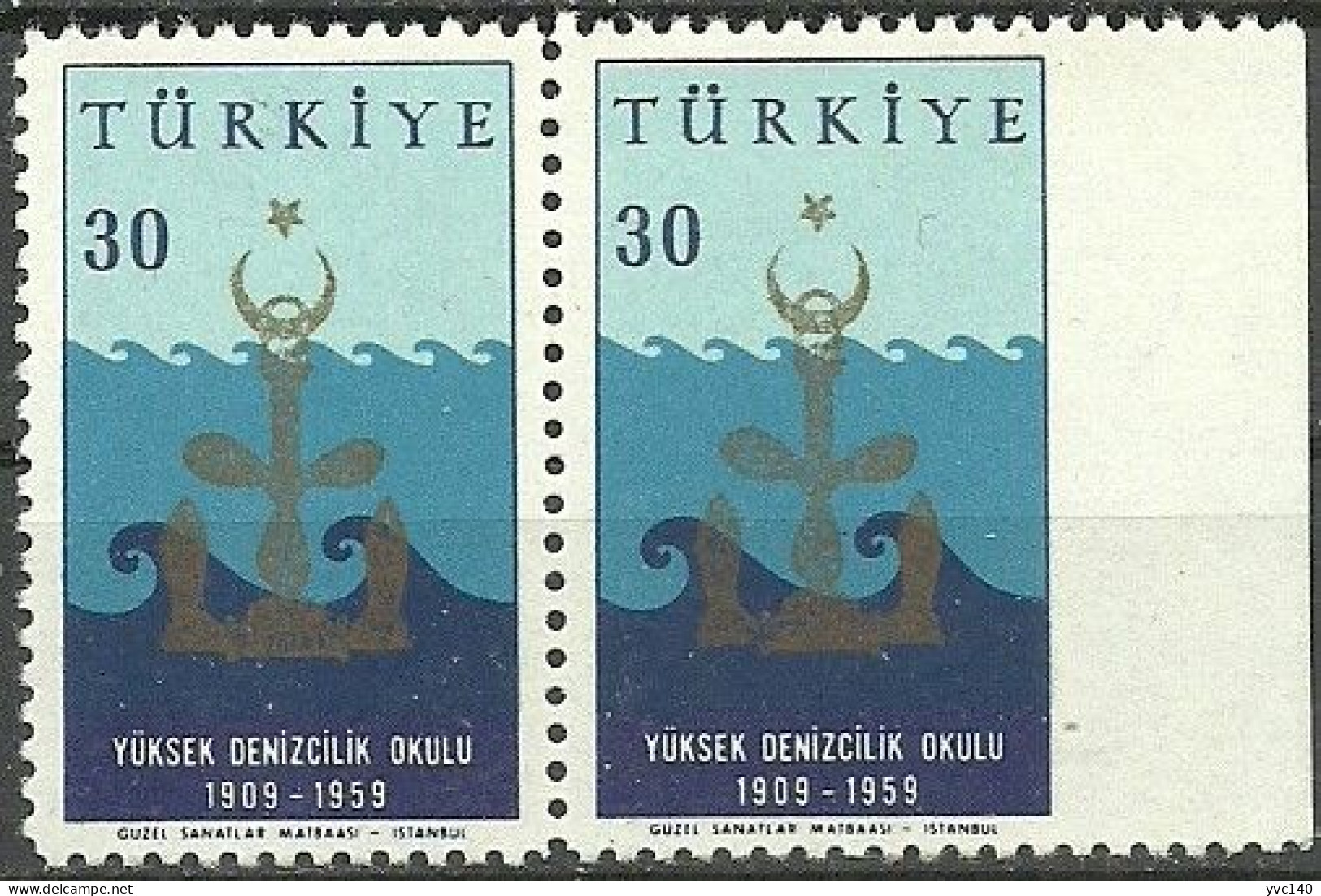 Turkey; 1959 50th Anniv. Of The Marine College 30 K. ERROR "Imperf. Edge" - Unused Stamps