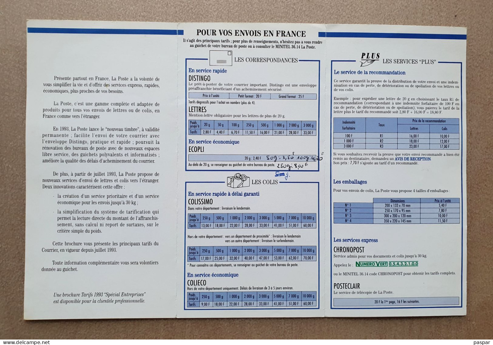 TARIFS POSTAUX FRANCE ET ETRANGER 1993 - Juillet 93 - Documents Of Postal Services