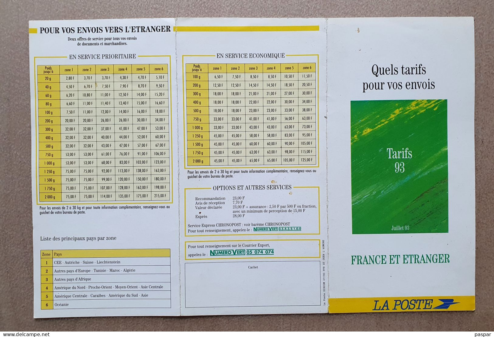 TARIFS POSTAUX FRANCE ET ETRANGER 1993 - Juillet 93 - Documenten Van De Post