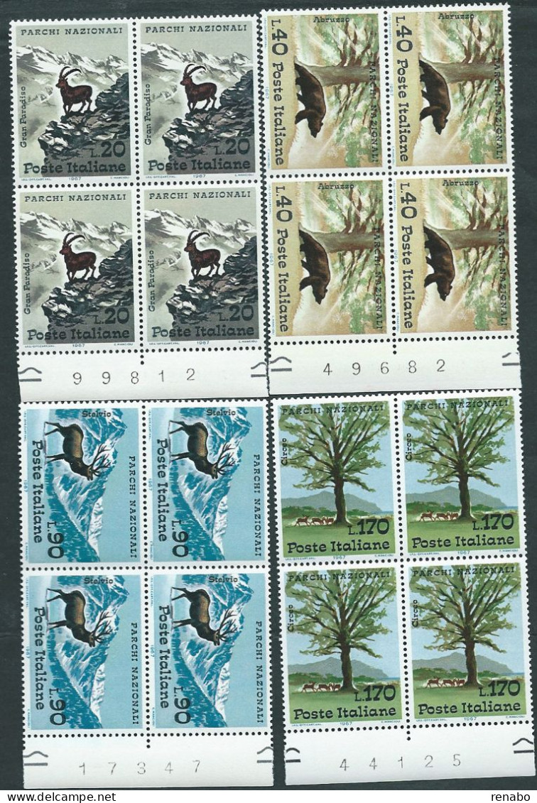 Italia 1967; Parchi Nazionali: Gran Paradiso, Abruzzo, Stelvio, Circeo. Completi In Quartine Con Il Numero Del Foglio. - 1961-70: Mint/hinged