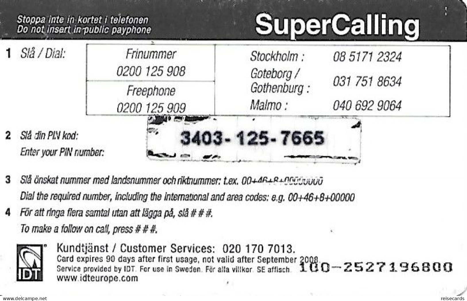 Sweden: Prepaid IDT - SuperCalling 09.08 - Suède