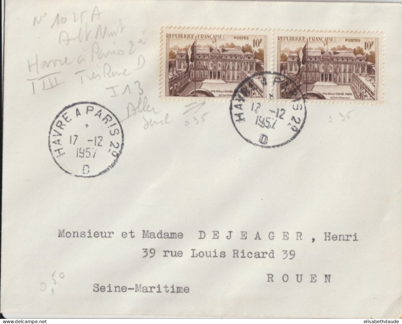 1957 - CACHET AMBULANT RARE HAVRE A PARIS 2° (IND13 !) ENVELOPPE => ROUEN - Bahnpost