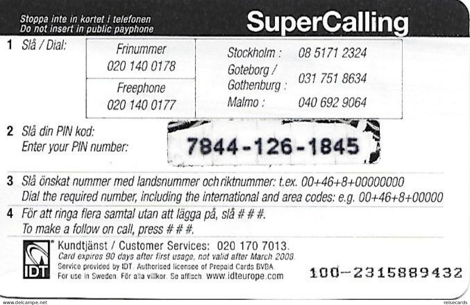 Sweden: Prepaid IDT - SuperCalling 03.08 - Suecia