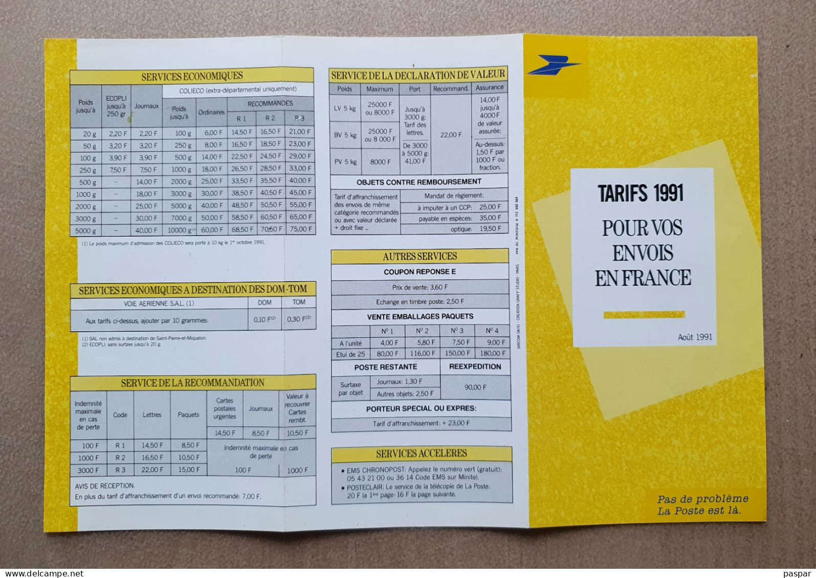 La Poste - Tarifs 1991 Envois En France - Août 1991 - Documents Of Postal Services