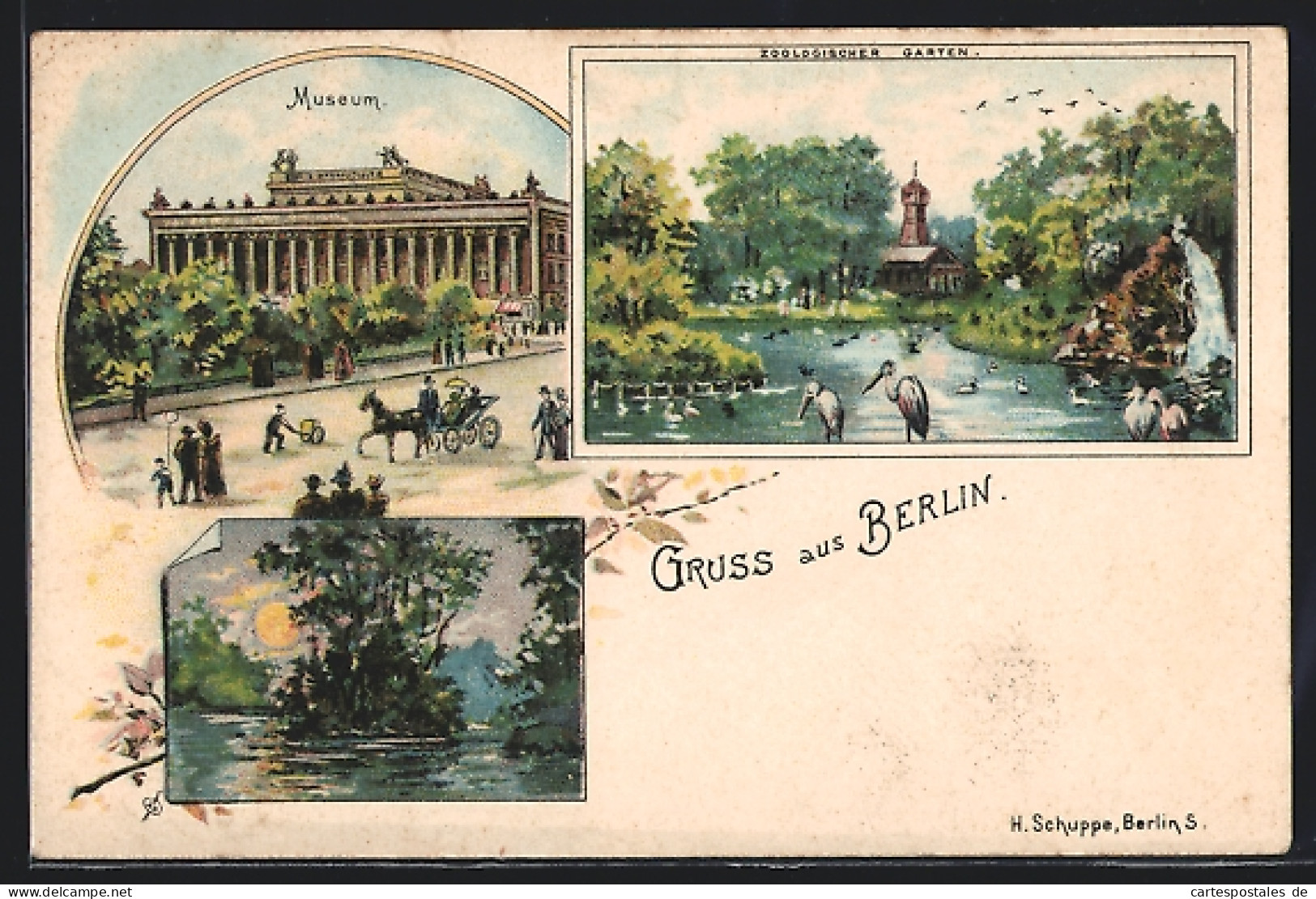 Lithographie Berlin-Charlottenburg, Zoologischer Garten Mit Wasservögel, Museum  - Charlottenburg