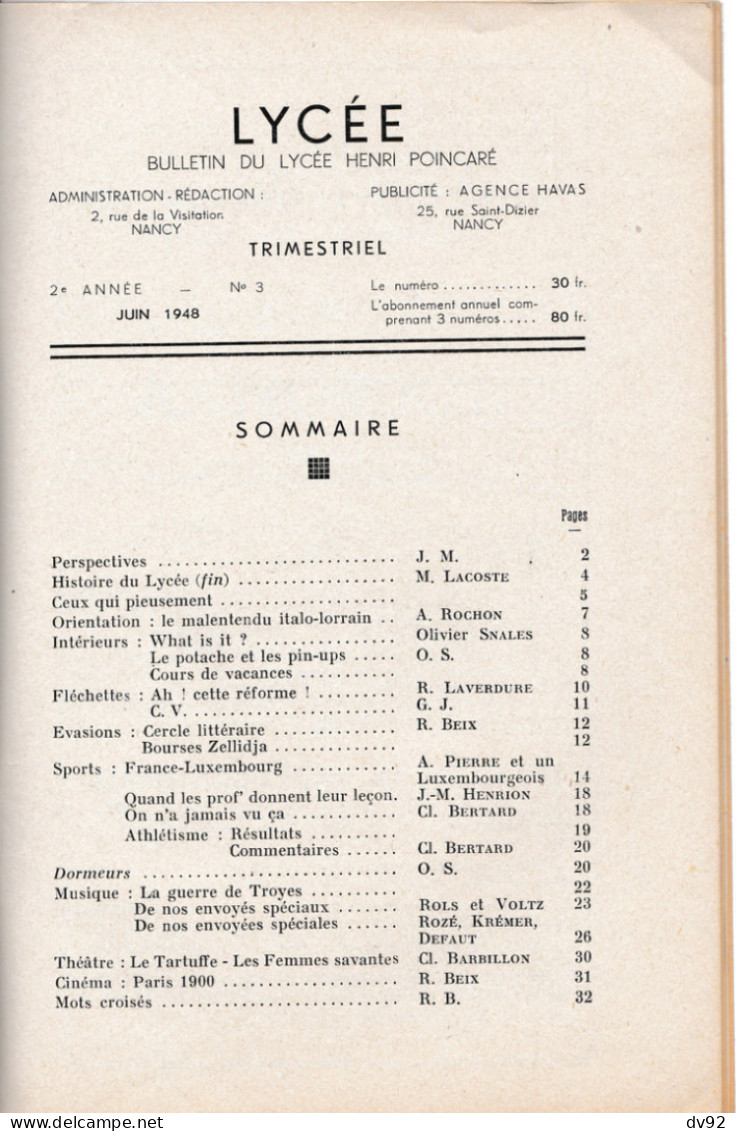 NANCY REVUE TRIMESTRIELLE DU LYCEE HENRI POINCARE SUITE DE DEUX EXEMPLAIRES - Lorraine - Vosges