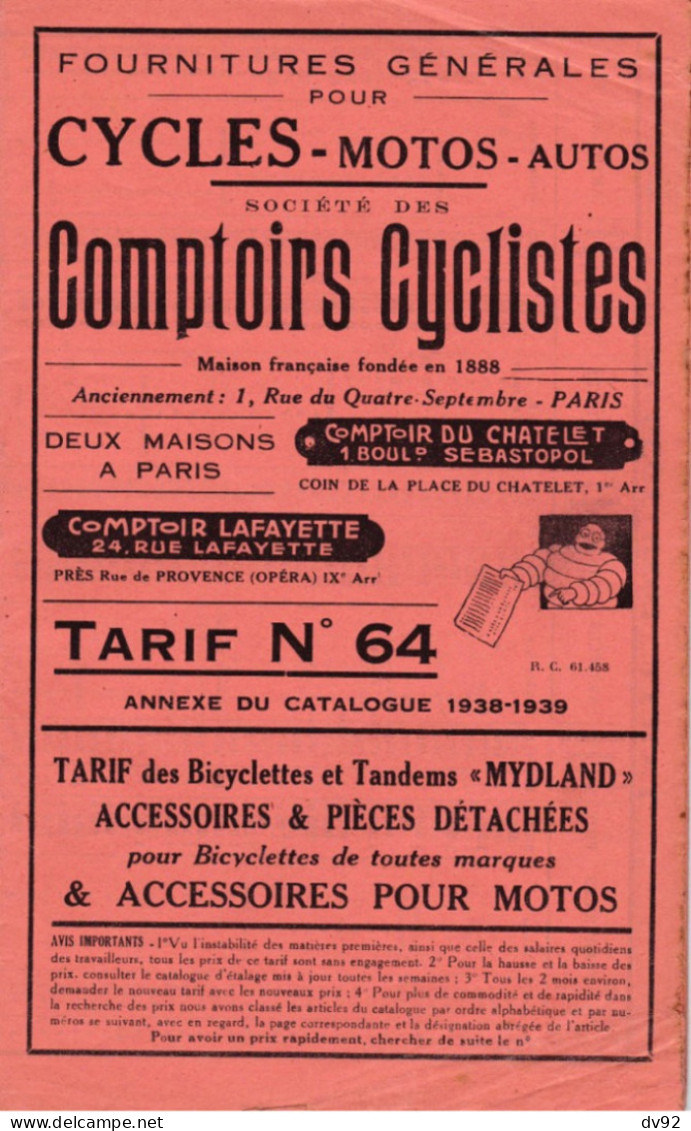 CATALOGUE SOCIETE DES COMPTOIRS CYCLISTES 1938 / 1939