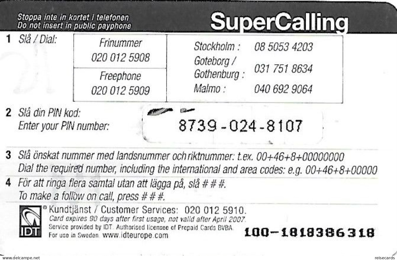 Sweden: Prepaid IDT - SuperCalling 04.07 - Sweden