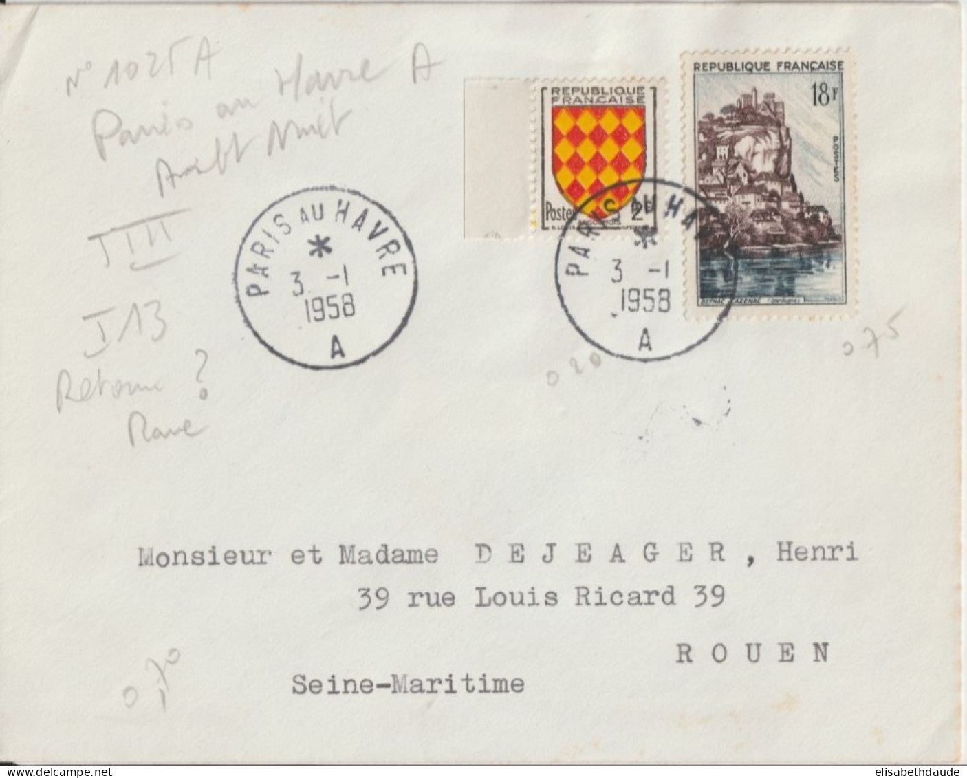 1958 - CACHET AMBULANT RARE HAVRE A PARIS (RETOUR INCONNU !) ENVELOPPE => ROUEN - Railway Post