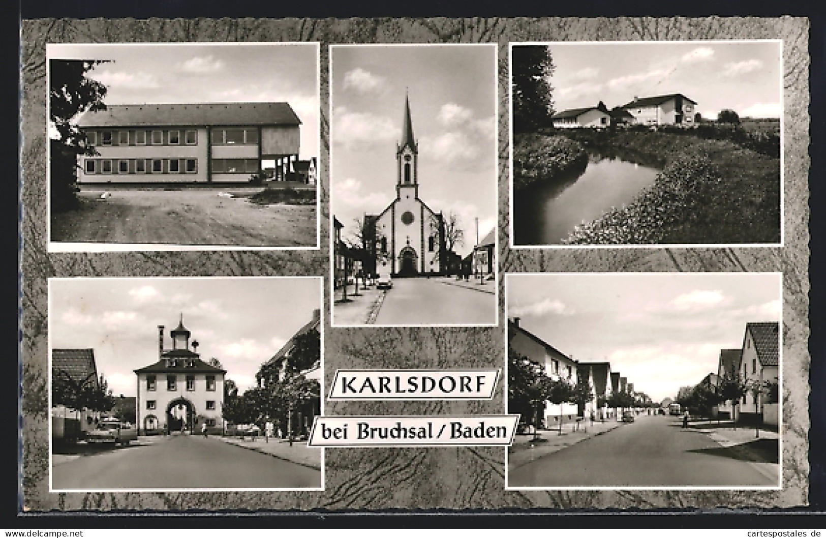 AK Karlsdorf / Bruchsal, Strassenpartien Mit Kirche Und Autos  - Bruchsal