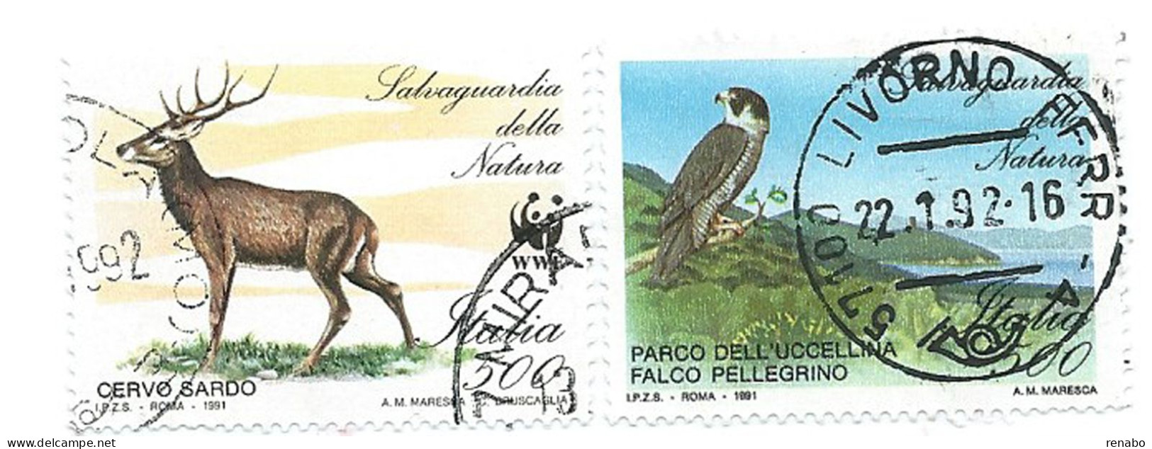 Italia 1991; WWF Salvaguardia Natura : Falco Pellegrino + Cervo Sardo. Usati - 1991-00: Afgestempeld