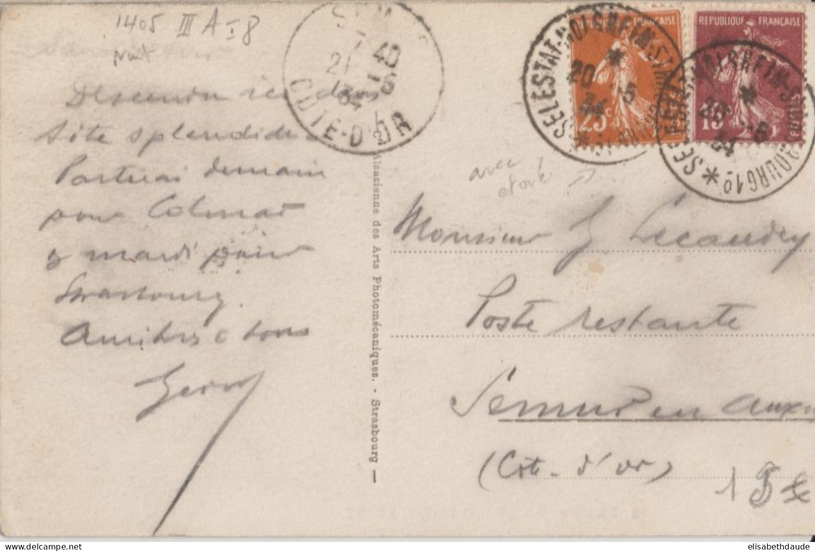 1934 - ALSACE - CACHET AMBULANT SELESTAT-MOLSHEIM-STRASBOURG (IND 8) CP De HOHWALD => SEMUR EN AUXOIS - Spoorwegpost