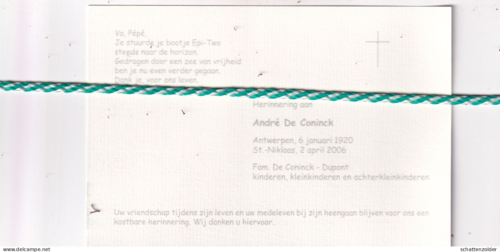 André De Coninck-Dupont, Antwerpen 1920, Sint-Niklaas 2006. Foto - Obituary Notices