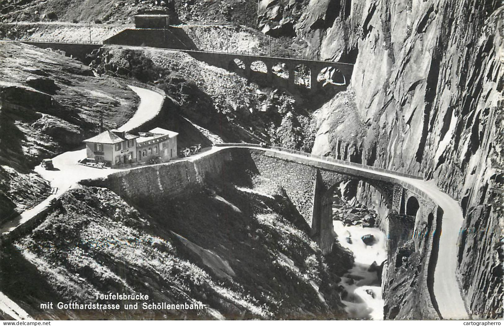 Postcard Switzerland Teufelsbrucke Mit Gotthardstrasse Und Schollenenbahn - Sonstige & Ohne Zuordnung