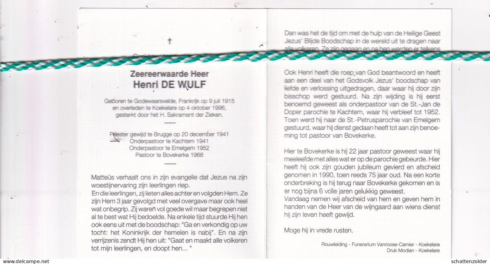 Priester Henri De Wulf, Godewaardsvelde (Fr) 1915, Koekelare 1996. Kachtem,Emelgem,Bovekerke. Foto - Obituary Notices