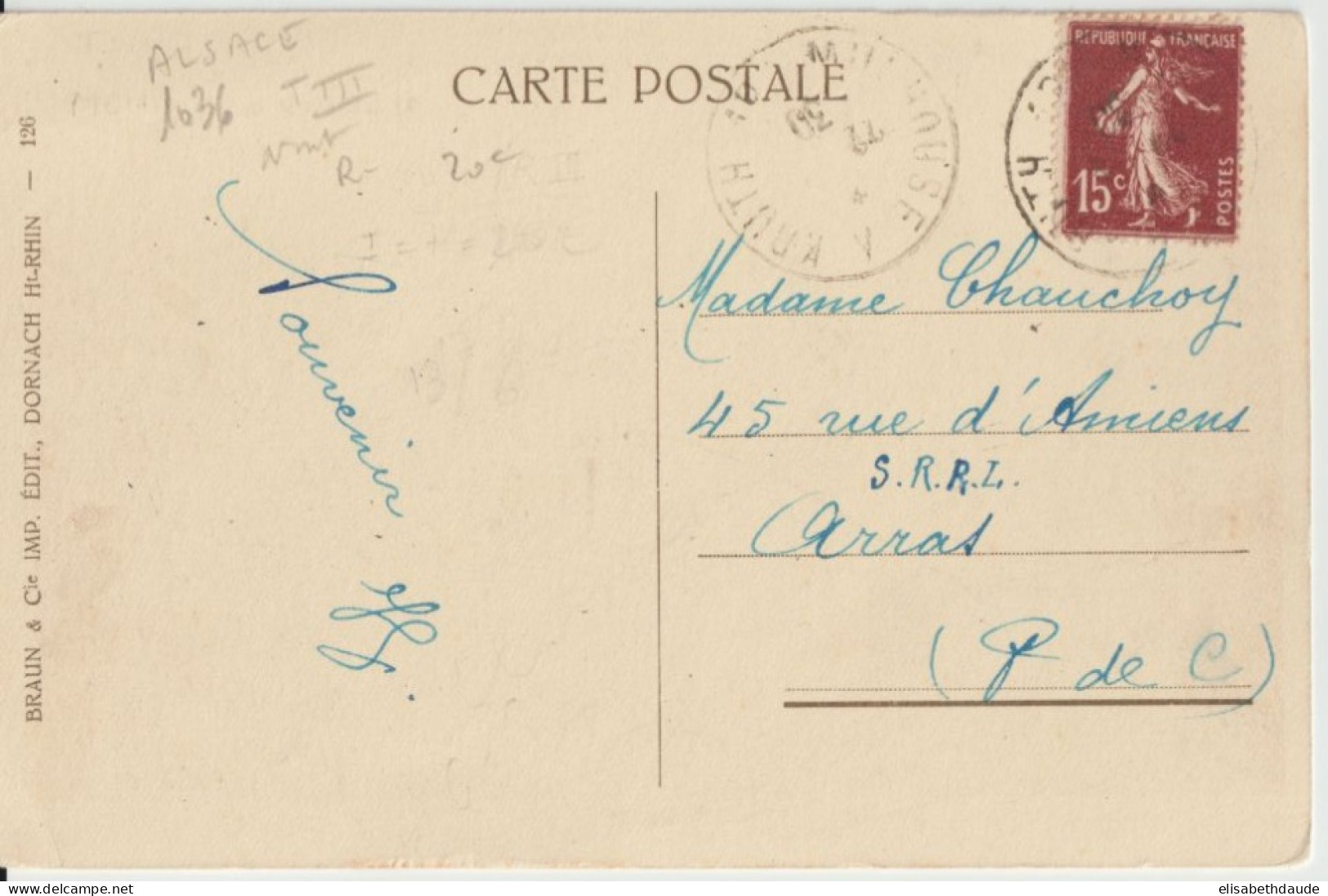 1930 - ALSACE - CACHET AMBULANT MULHOUSE A KRUTH 1° (IND 7 !) CP De THANN => ARRAS - Spoorwegpost