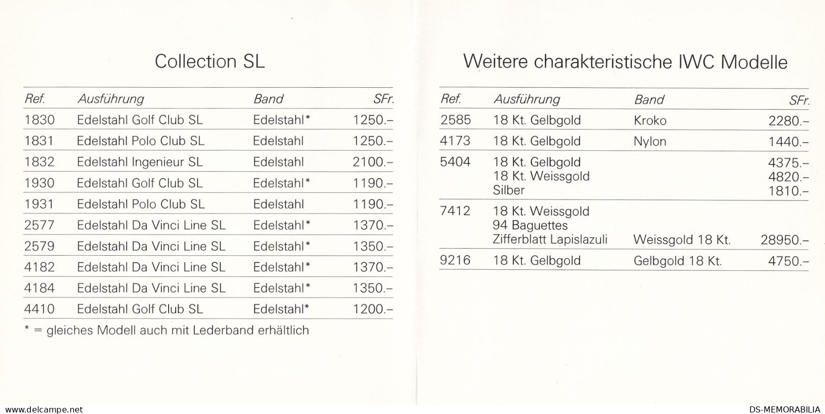 Vintage 1976 IWC Schaffhausen Catalogue & Price List Collection SL
