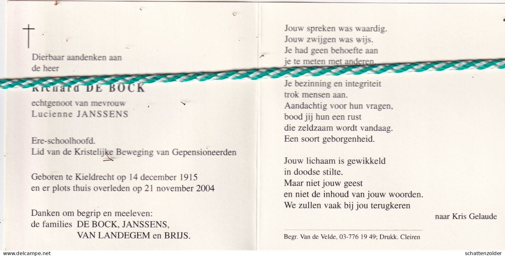 Richard De Bock-Janssens, Kieldrecht 1915, 2004. Ere Schoolhoofd; Foto - Obituary Notices