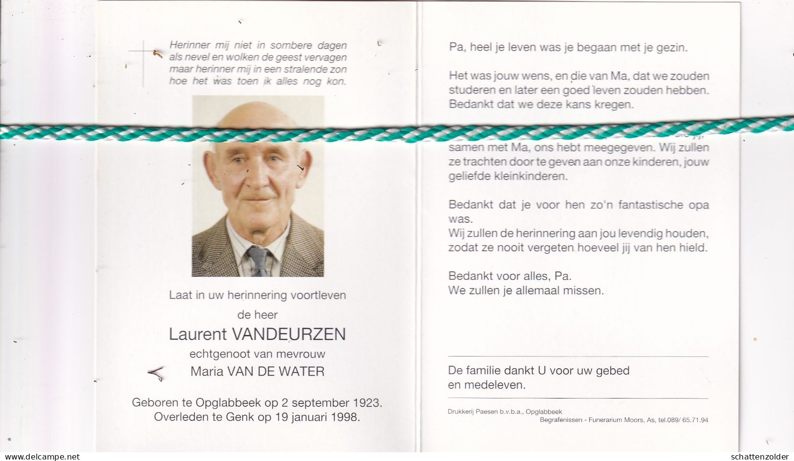 Laurent Vandeurzen-Van De Water, Opglabbeek 1923, Genk 1998. Foto - Obituary Notices