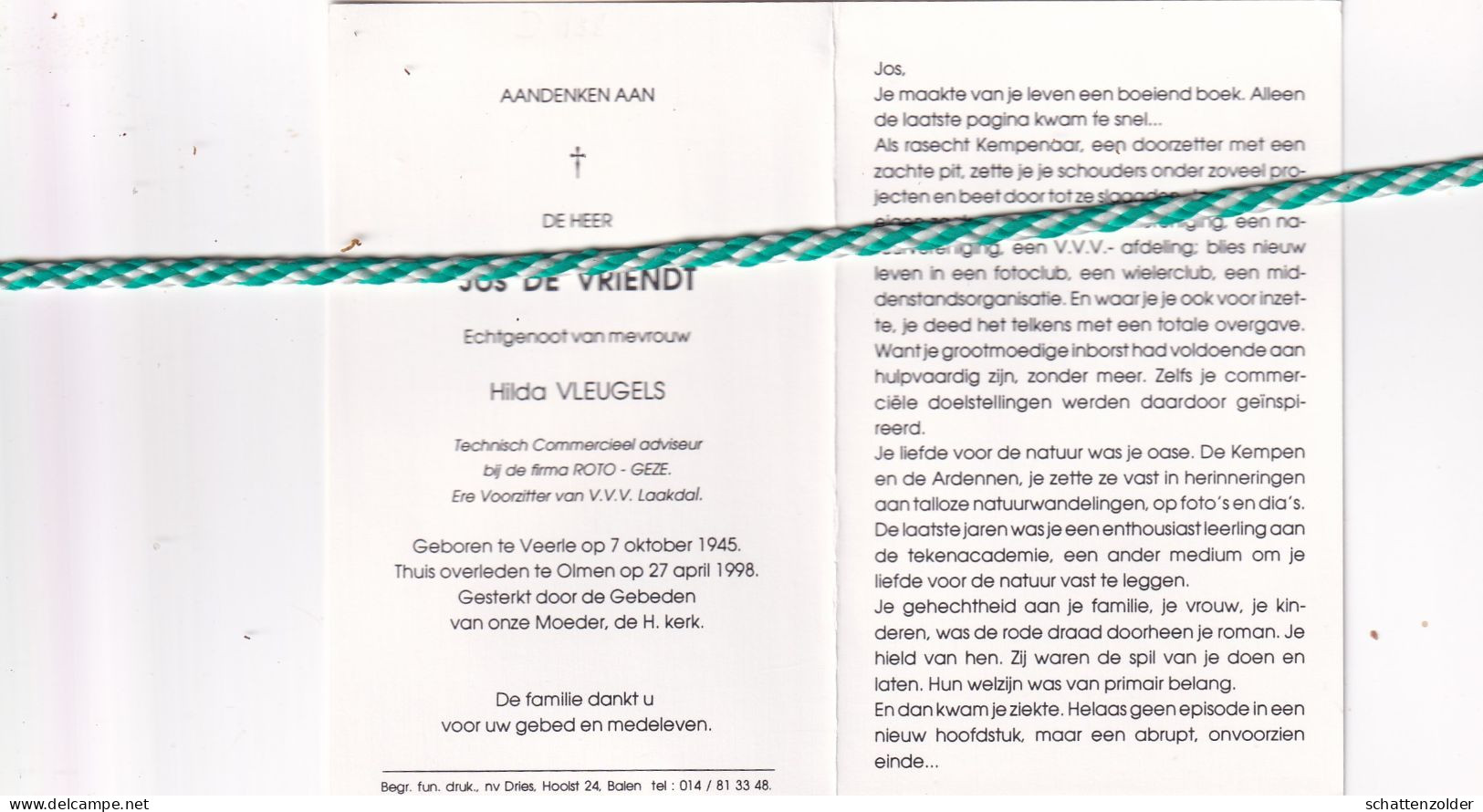 Jos De Vriendt-Vleugels, Veerle 1945, Olmen 1998. - Todesanzeige