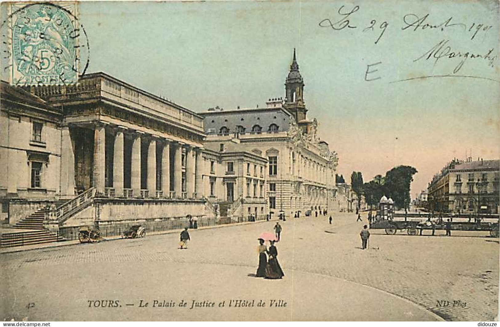 37 - Tours - Le Palais De Justice Et L'Hôtel De Ville - Animée - Colorisée - Oblitération Ronde De 1905 - CPA - Voir Sca - Tours