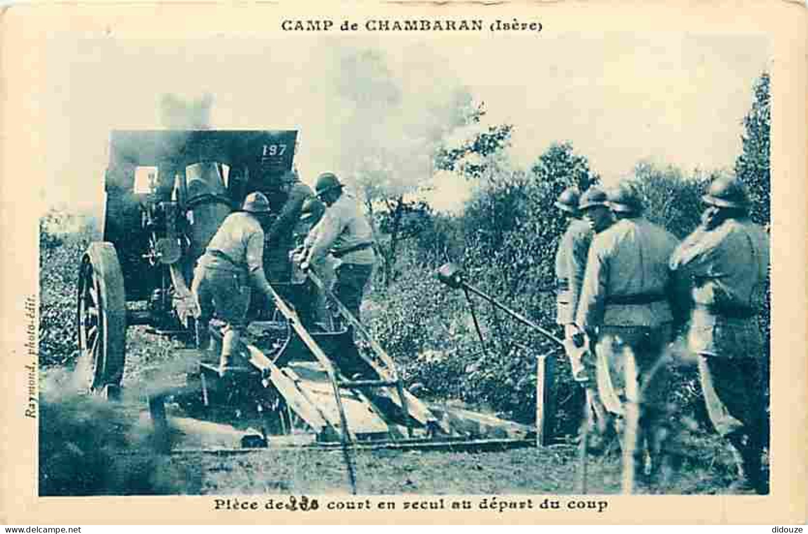 38 - Chambaran - Camp De Chambaran - Pièce De 220 Court En Recul Au Départ Du Coup - Animée - Soldats - Militaria - CPA  - Andere & Zonder Classificatie