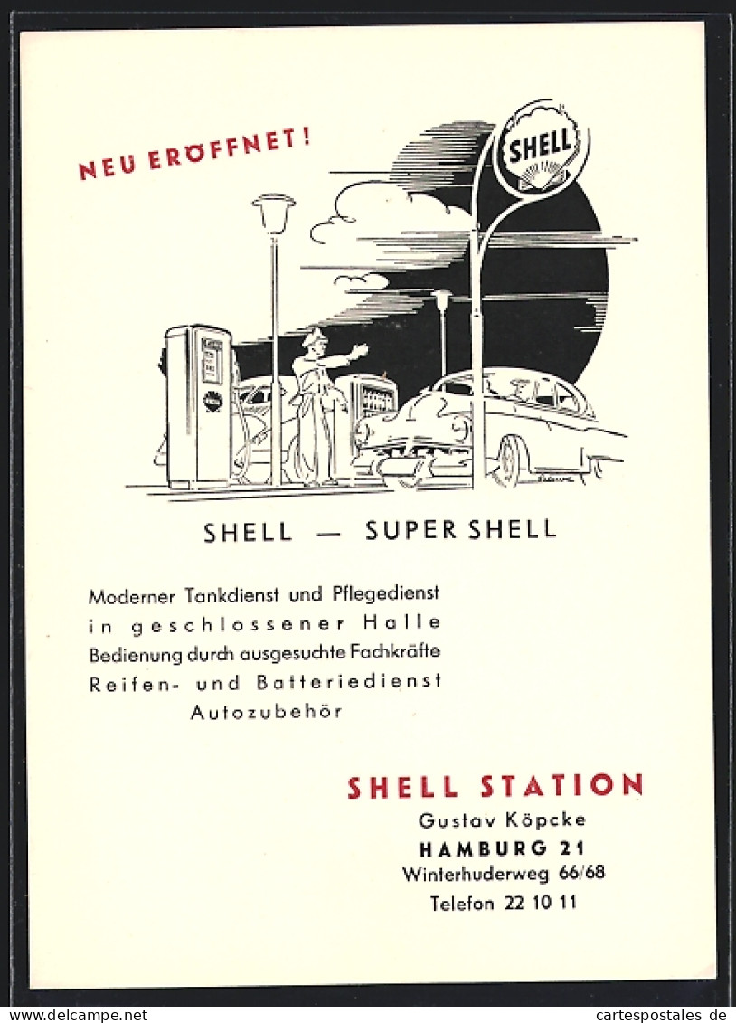 Künstler-AK Hamburg, Shell Tankstelle, Winterhuderweg 66 /68, Mann Beim Tanken  - Autres & Non Classés