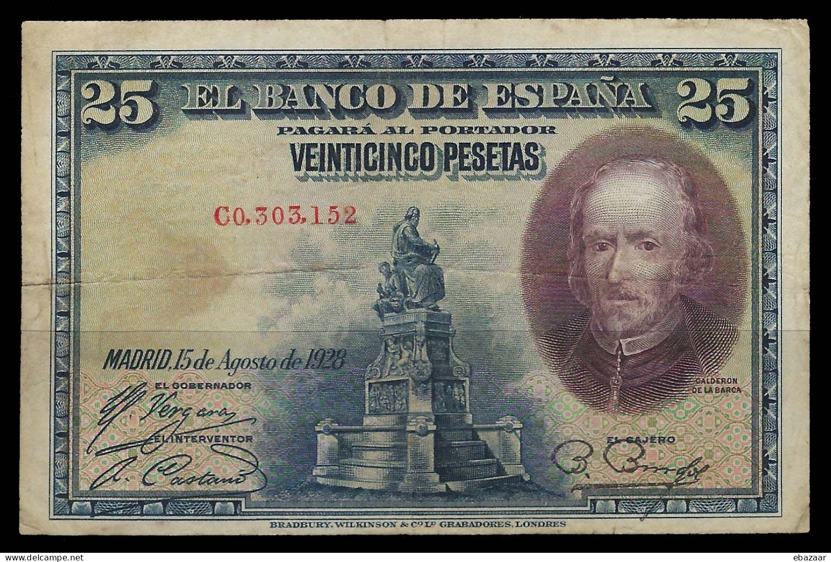 Spain Banknote 15.08.1928 Banco De España 25 Pesetas P- 74b Bradbury Wilkinson, London Circulated + FREE GIFT - 1-2-5-25 Pesetas