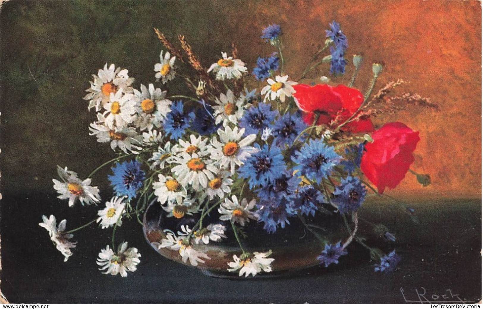 FLEURS - Un Bouquet De Marguerite, De Bleuet Et De Rose Dans Un Vase  - Colorisé - Carte Postale Ancienne - Fleurs