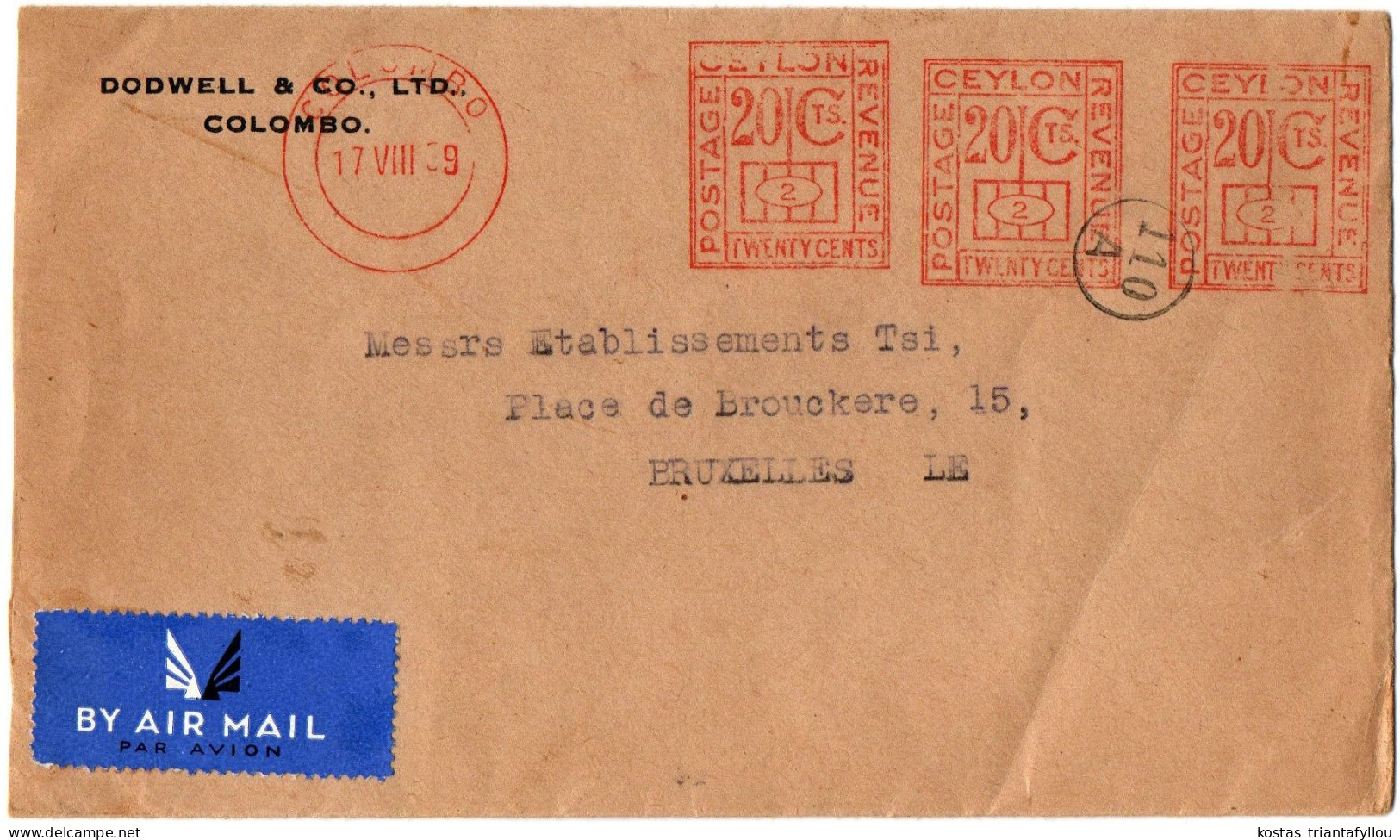1,75 SRI LANKA, CEYLON, 1939, AIRMAIL, METER COVER TO BELGIUM - Sri Lanka (Ceylon) (1948-...)