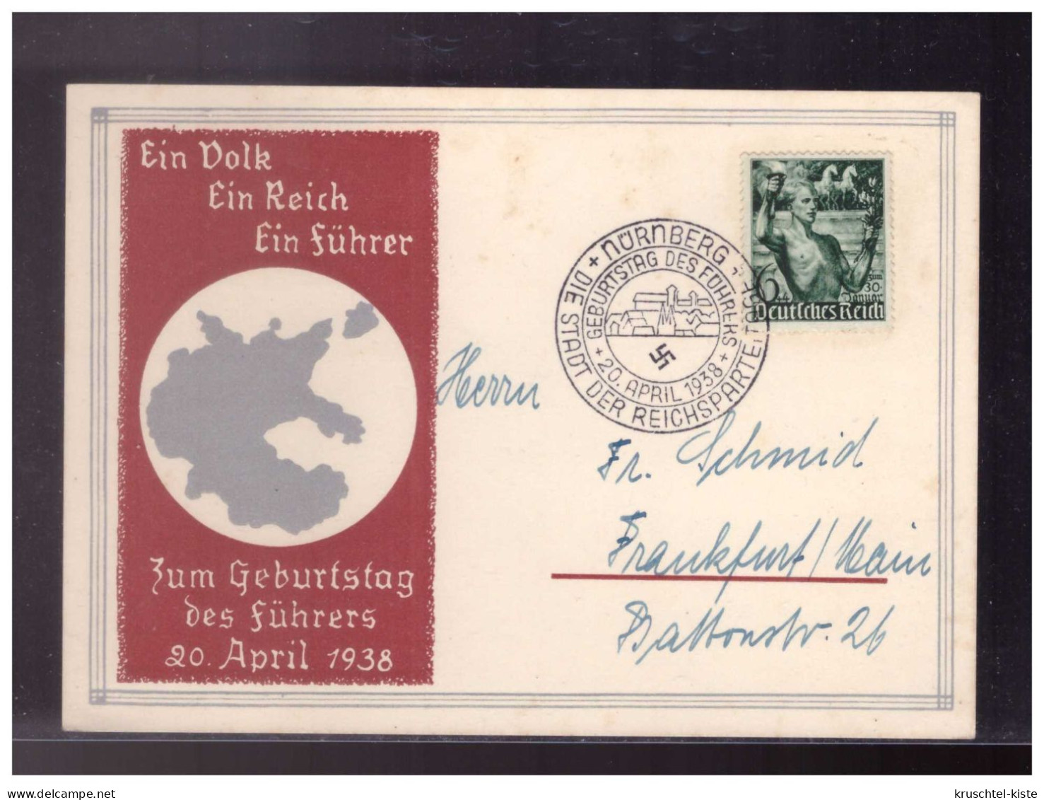 DT- Reich (024194) Propaganda Postkarte Ein Volk Ein Reich Ein Führer Geburtstag Des Führers 20.4.1938, Pas.SST Nürnberg - Briefe U. Dokumente