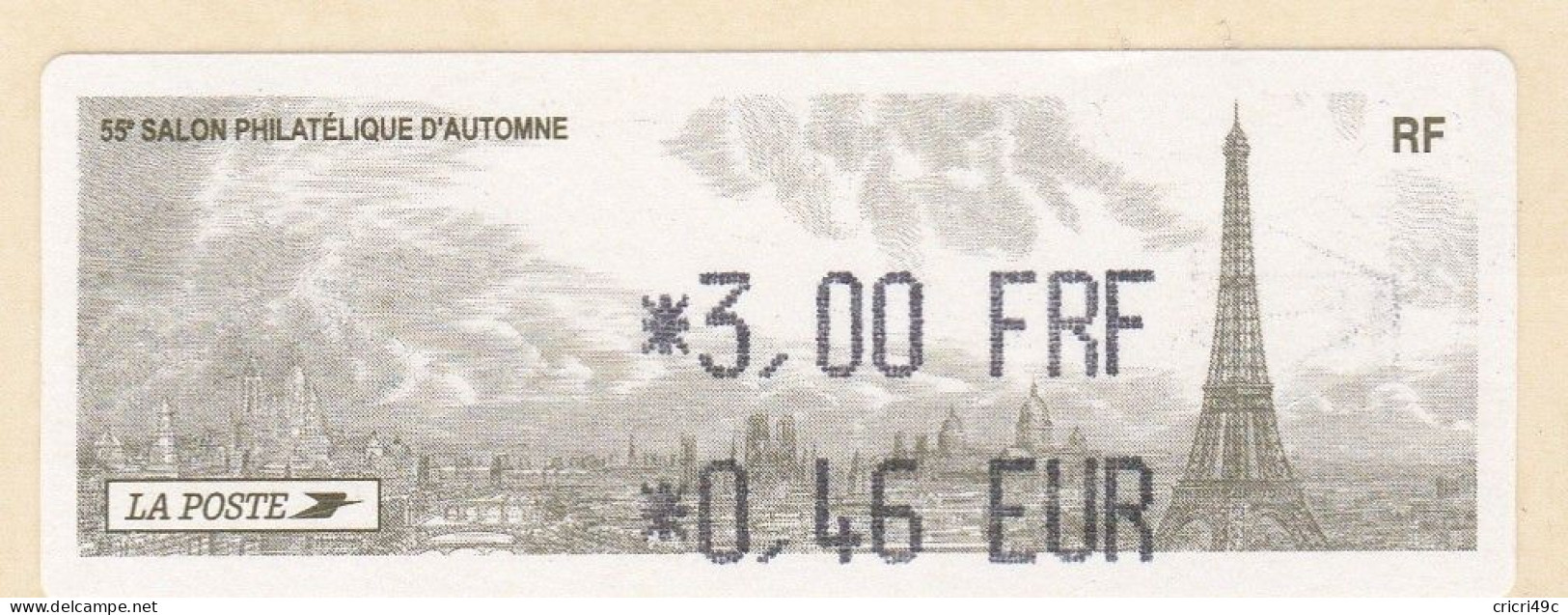 1 ATM LISA. 55è SALON PHILATHELIQUE D"AUTOMNE PARIS  2001. 3.00F  Neufs** - 2010-... Illustrated Franking Labels