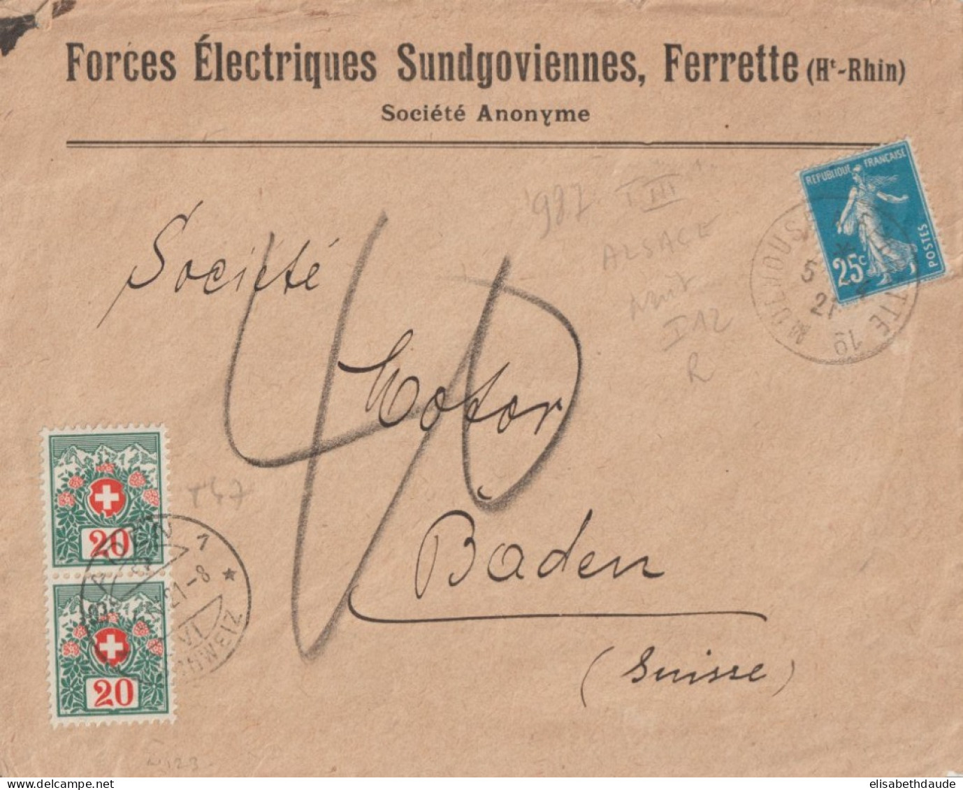 1921 - ALSACE - CACHET AMBULANT RARE MULHOUSE A FERRETTE 1° (IND 12 !) ENVELOPPE TAXEE ! => BADEN (SUISSE) ! - Railway Post