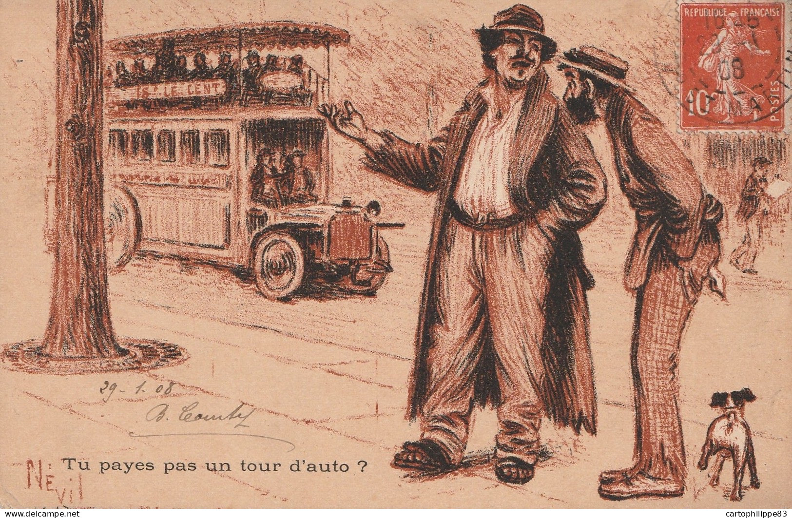 CP HUMORISTIQUE AUTO BUS 1908 ILLUSTRATEUR NÉVIL - Autobus & Pullman