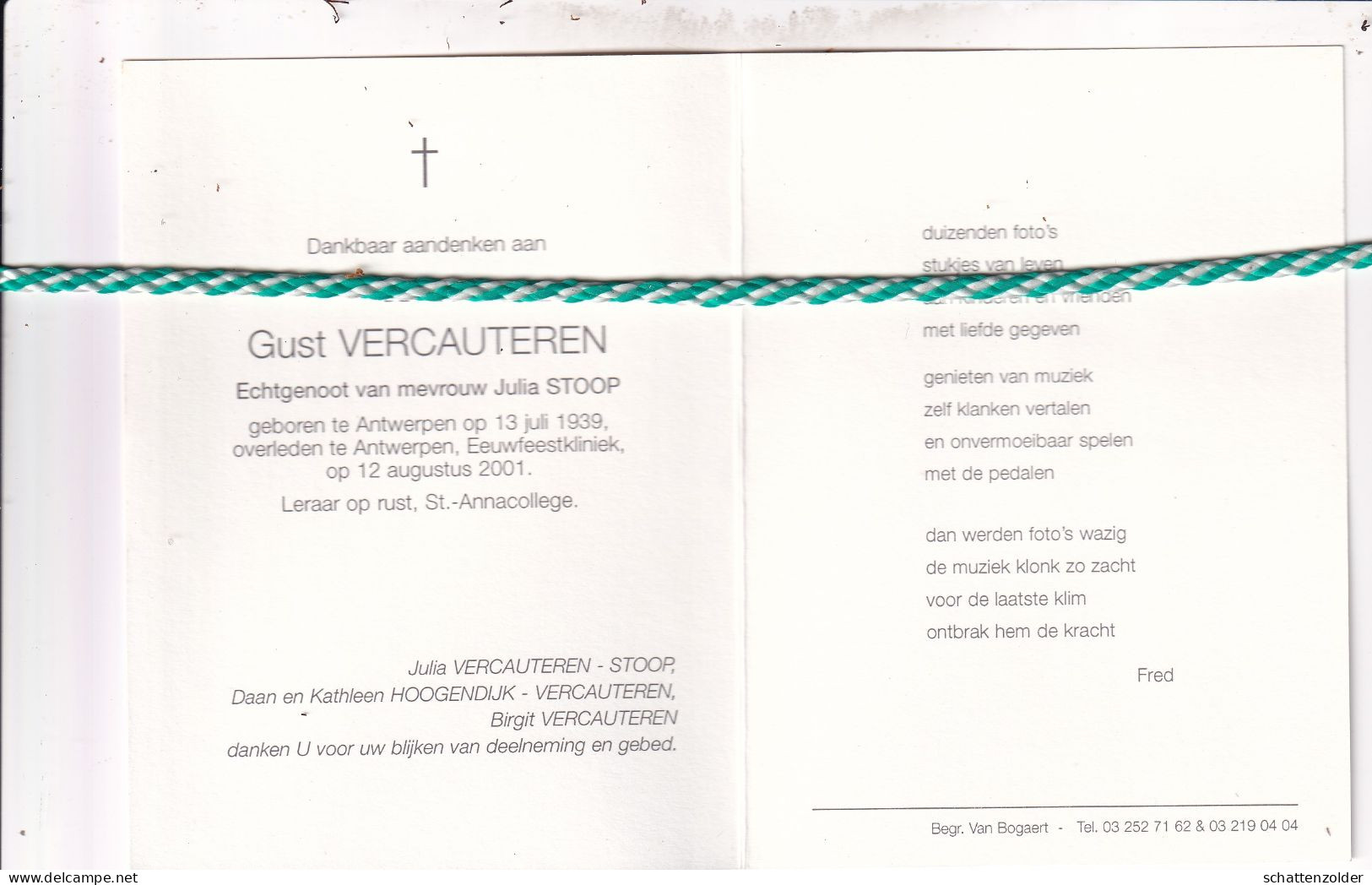 Gust Vercauteren-Stoop, Antwerpen 1939, 2001. Leraar Sint Annacollege. - Obituary Notices