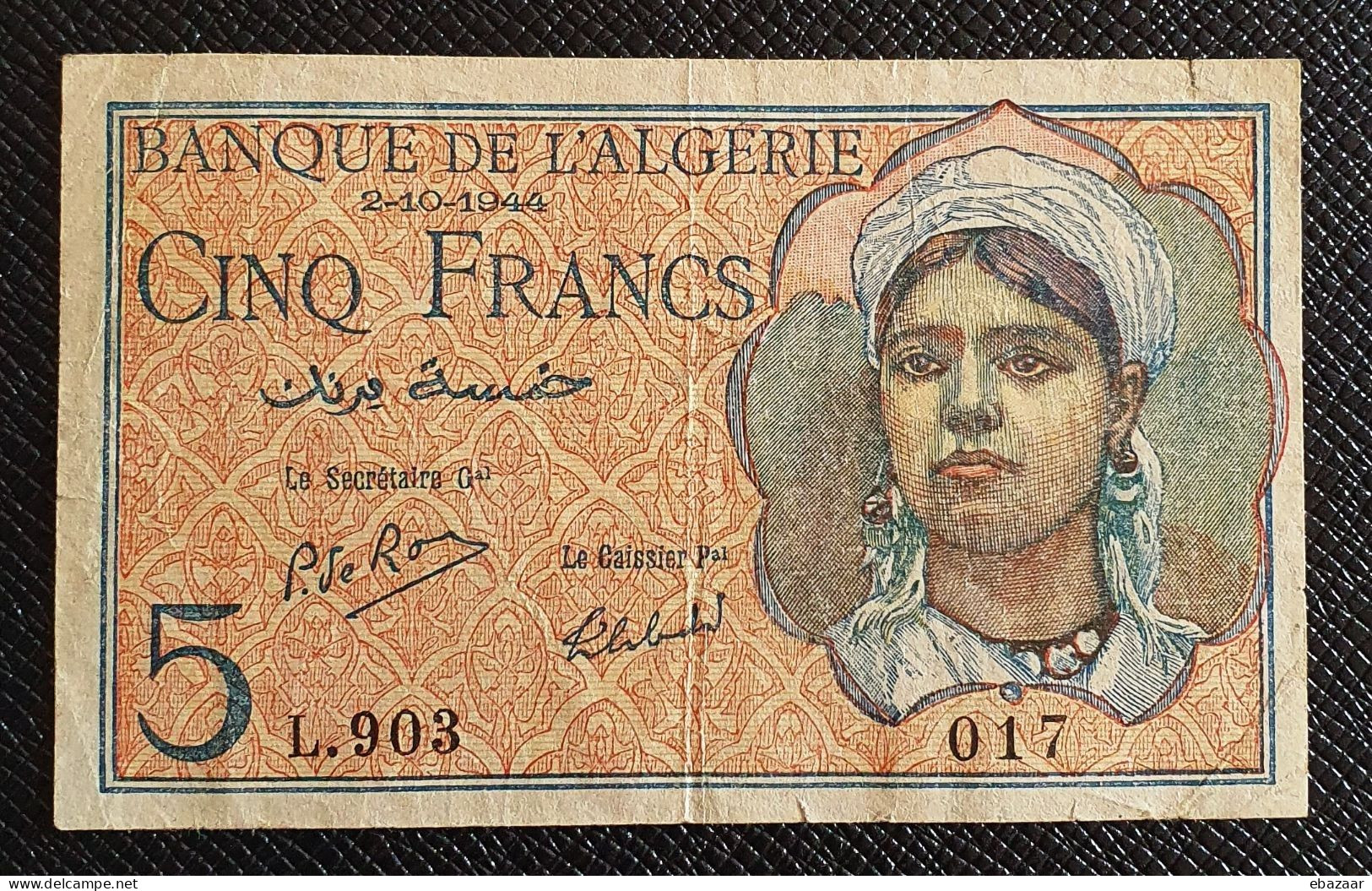 Algeria Banque De L'Algérie 1944 Banknote 5 Francs P-94b Circulated + FREE GIFT - Algerije