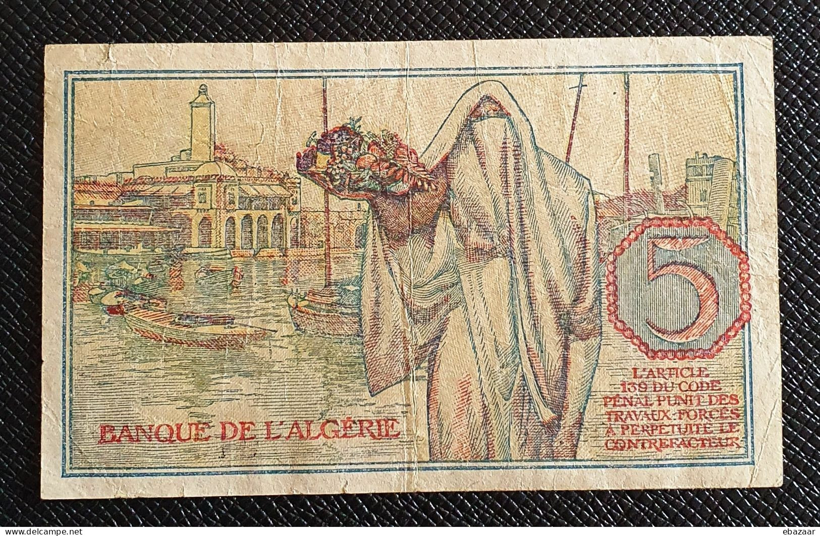 Algeria Banque De L'Algérie 1944 Banknote 5 Francs P-94b Circulated + FREE GIFT - Algerien