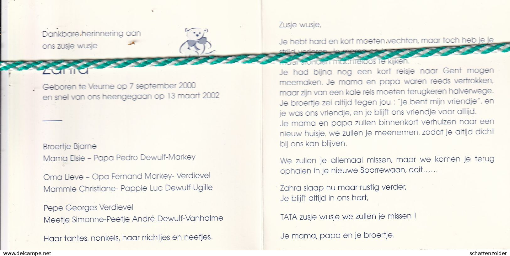 Zahra Dewulf-Markey, Veurne 2000, 2002. Foto - Décès