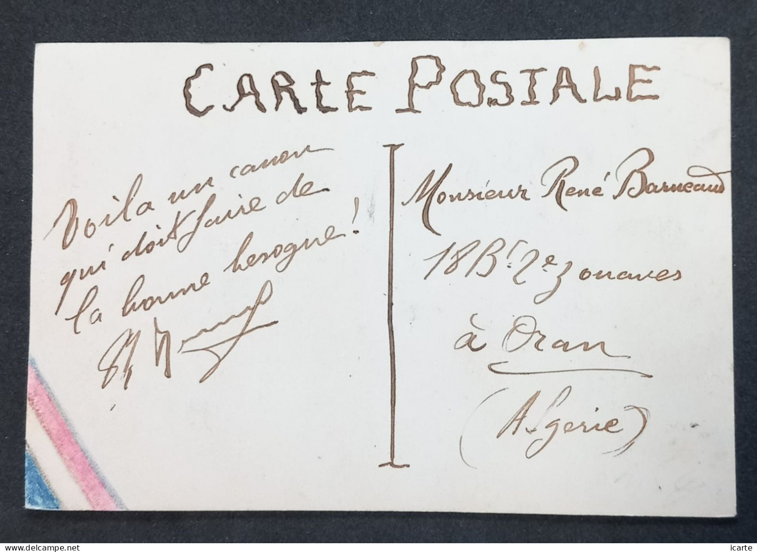 Carte Postale Artisanale Franchise Militaire Vers 2e Zouave à Oran . Verso : Image De Presse Mortier De 220 - Guerre De 1914-18