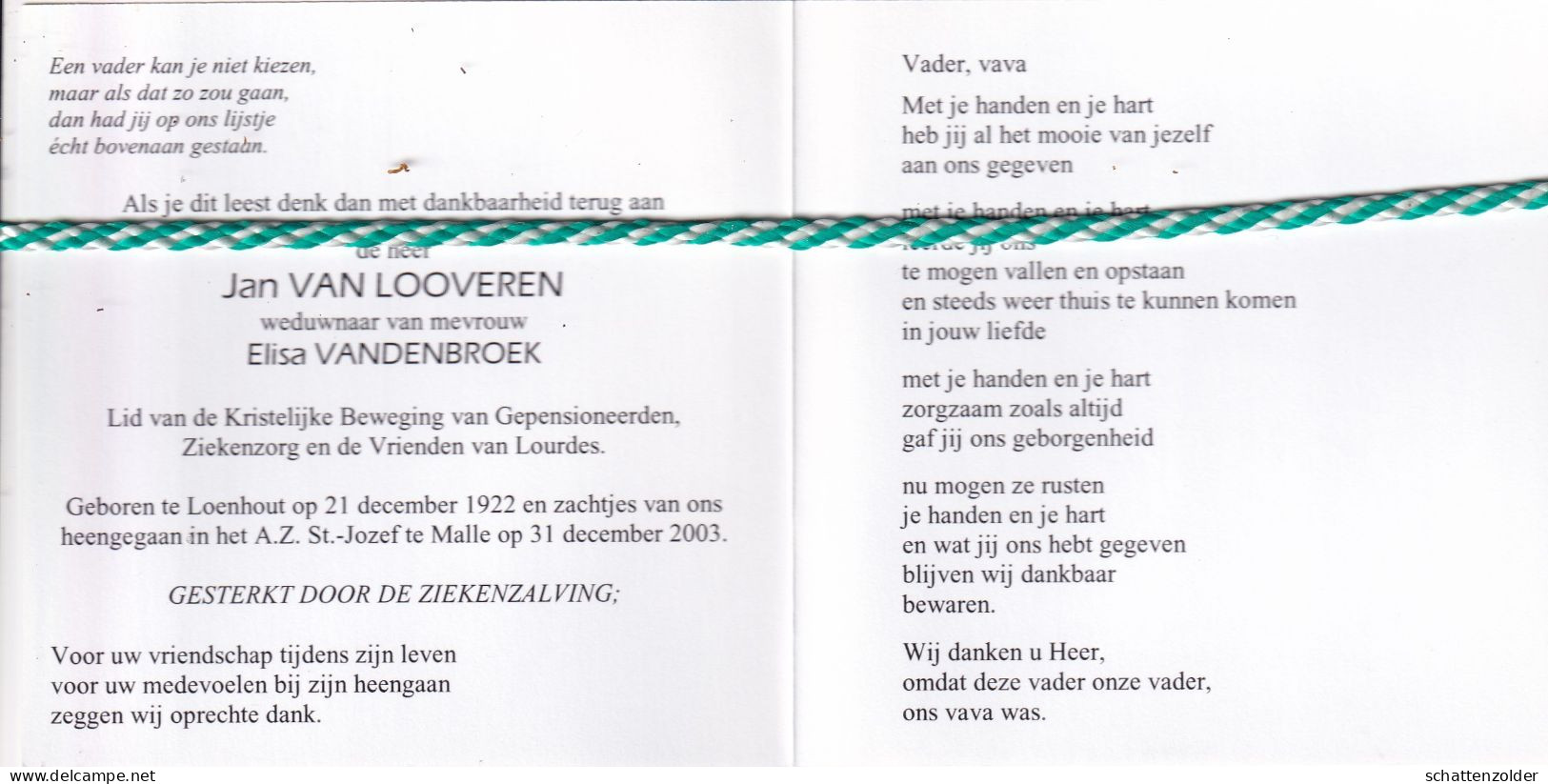 Jan Van Looveren-Vandenbroek, Loenhout 1922, Malle 2003. Foto - Obituary Notices