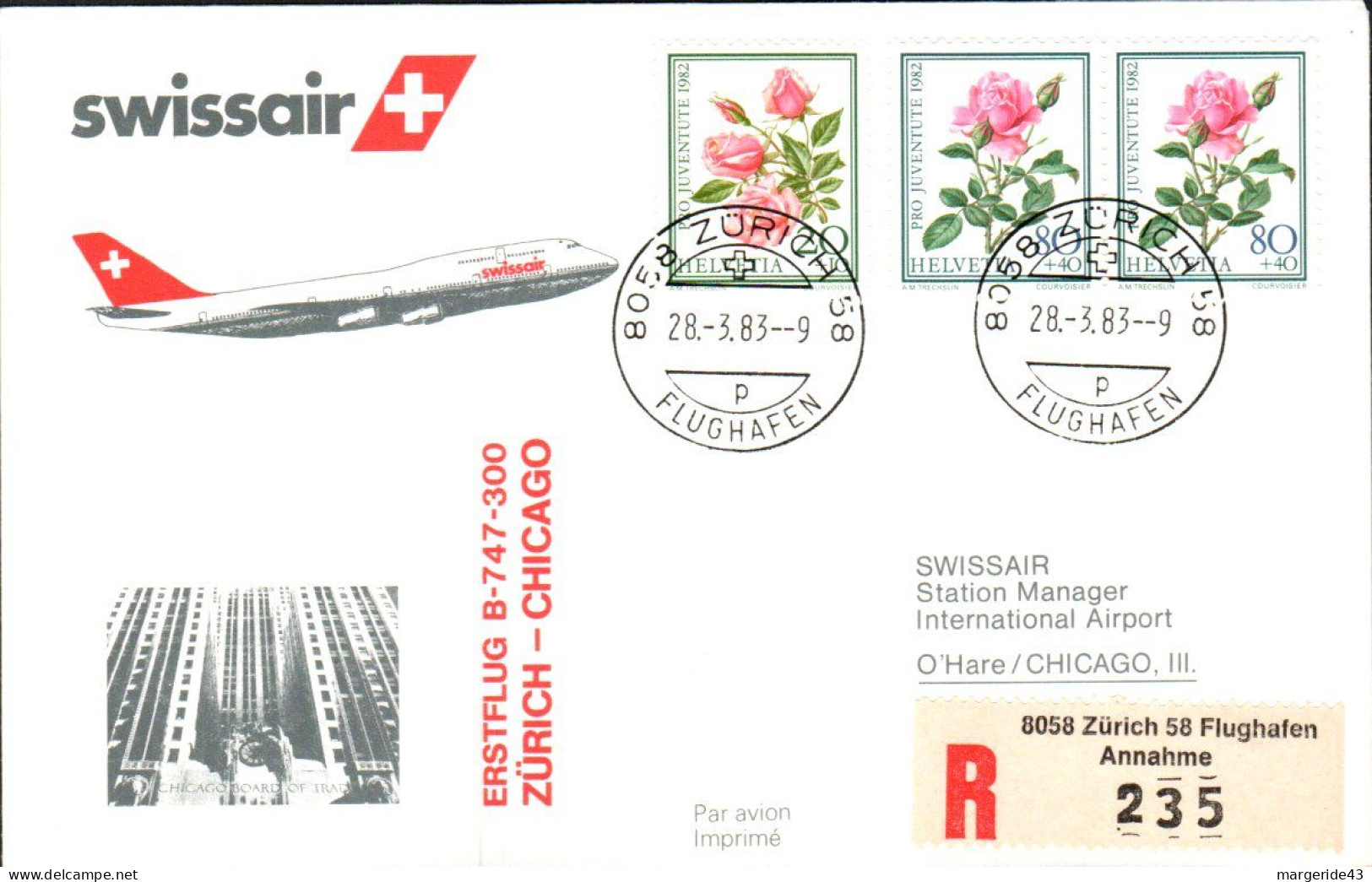 SUISSE PREMIER VOL SWISSAIR ZÜRICH-CHICAGO 1983 - Airplanes