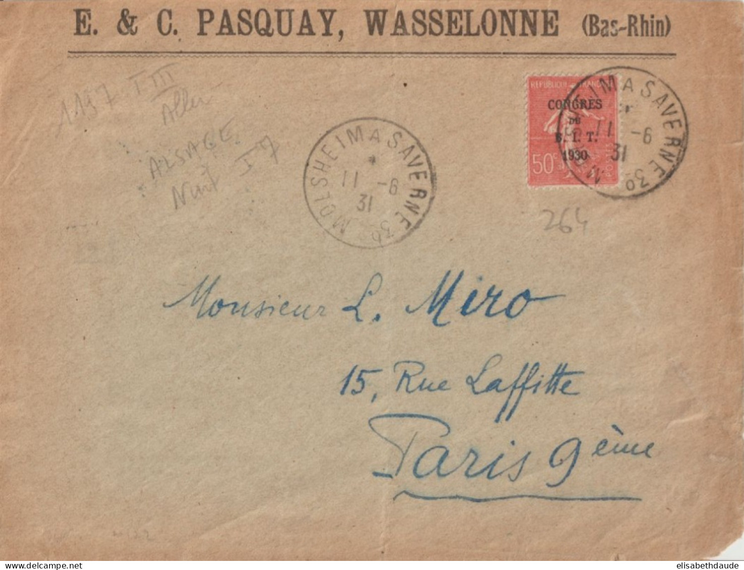 1931 - ALSACE - CACHET AMBULANT MOLSHEIM A SAVERNE 3° (IND 7) ENVELOPPE De WASSELONNE => PARIS - Spoorwegpost